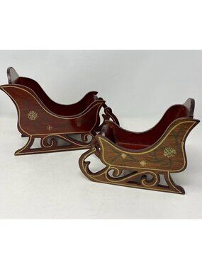 Set Of 2 Wooden Christmas Sleighs Holiday Decor Brown With Gold Snowflakes